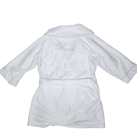 BRIDE robe Rosegate White Terry Cloth  With Pink Trim & Embroidery sz L wedding - Picture 2 of 7